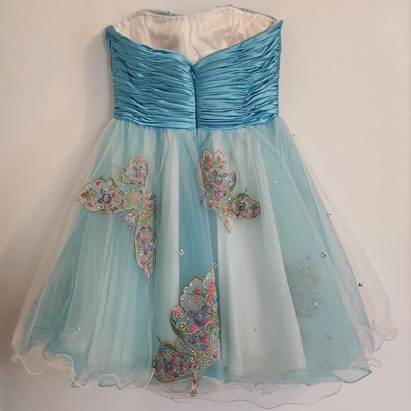 RARE Sherri Hill Blue Butterfly Crystal Strapless Tulle Mini Gown Dress b130 - Picture 5 of 9